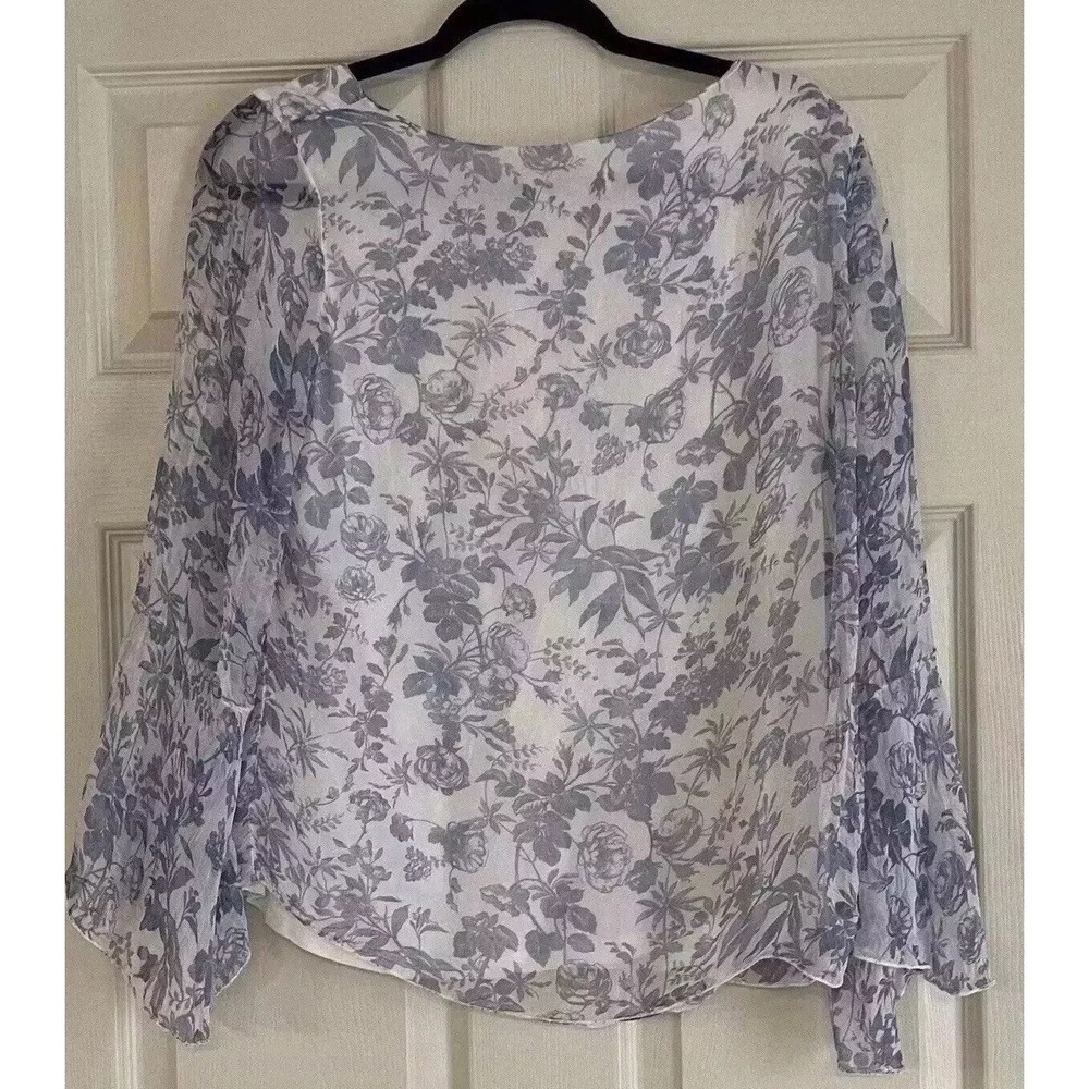 Viola Silk Blouse Medium Blue Floral Bell Sleeve Chiffon Flowy Romantic Women's